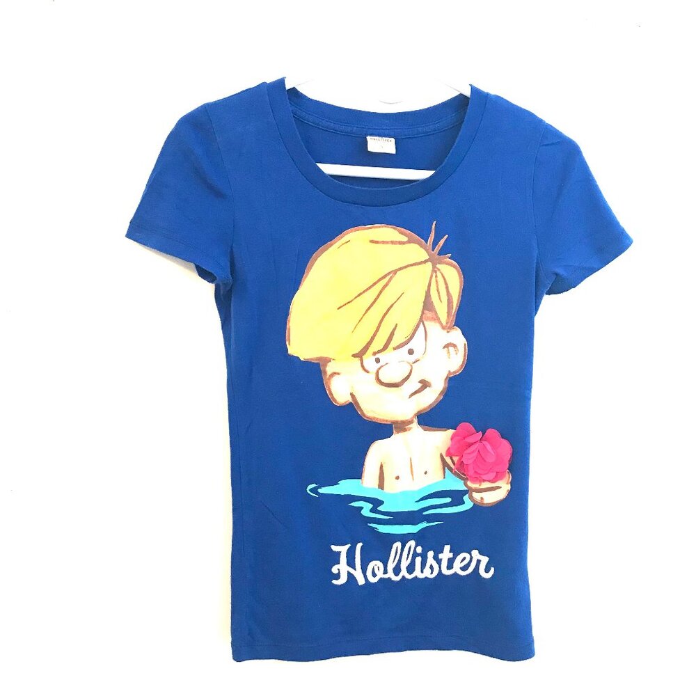Retro 2018 Hollister surfer T-shirt flower spell out blue women's S beach boho